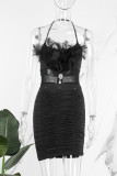 Black Sexy Solid Patchwork Feathers Fold Halter Pencil Skirt Dresses
