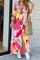 Светло-розовое повседневное платье-рубашка с отложным воротником и пряжкой в ​​стиле пэчворк с уличным принтом Платья