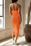 Orange Sexy Solid Hollowed Out Patchwork Spaghetti Strap Sleeveless Two Pieces