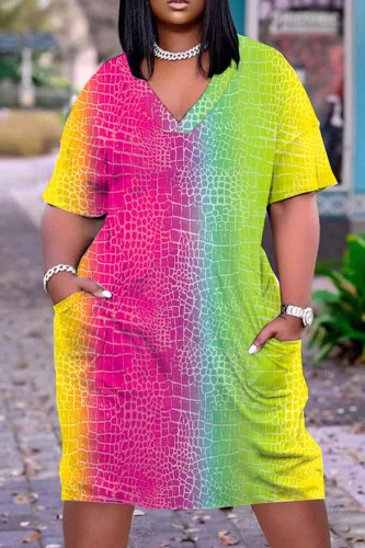 Pink Green Casual Print Patchwork V Neck Short Sleeve Dress