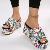 Green Patchwork Printing Round Out Door Wedges Shoes (Heel Height 2.36in)