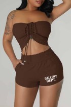 Brown Sexy Street Print Draw String Letter Strapless Sleeveless Two Pieces