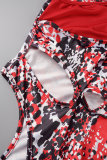 赤いセクシーなプリント中空パッチワーク スパゲッティ ストラップ ワン ステップ スカート ドレス
