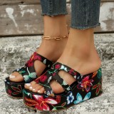 Green Casual Daily Hollowed Out Patchwork Printing Round Comfortable Out Door Wedges Shoes (Heel Height 2.36in)