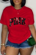 Red Casual Letter Print Basic O Neck T-Shirts