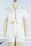 White Casual Solid Basic Shirt Collar Short Sleeve Two Pieces