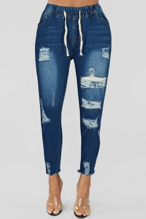 Deep Blue Casual Solid Ripped High Waist Regular Denim Jeans