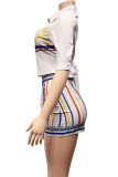 White Sexy Print Patchwork Buckle Asymmetrical Turndown Collar Short Sleeve Two Pieces