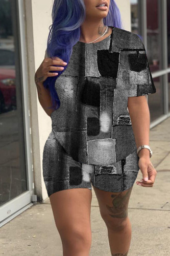 Black Gray Casual Print Patchwork O Neck Short Sleeve Two Pieces