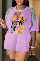 Light Pink Casual Print Tassel Patchwork Slit V Neck T-Shirts