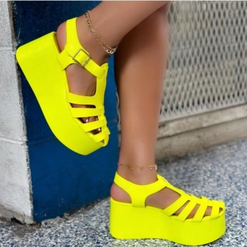 Chaussures à semelles compensées confortables et respirantes jaune fluo décontractées en patchwork de couleur unie (hauteur du talon 2.76 pouces)