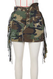Армейский зеленый уличный принт с кисточками и пряжкой в ​​стиле пэчворк, стандартные брюки с высокой талией и сплошным принтом