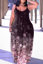 ブラック ピンク セクシー カジュアル プリント バックレス スパゲッティ ストラップ ロング ドレス ドレス