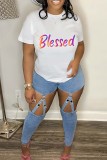 Blue Casual Letter Print Basic O Neck T-Shirts