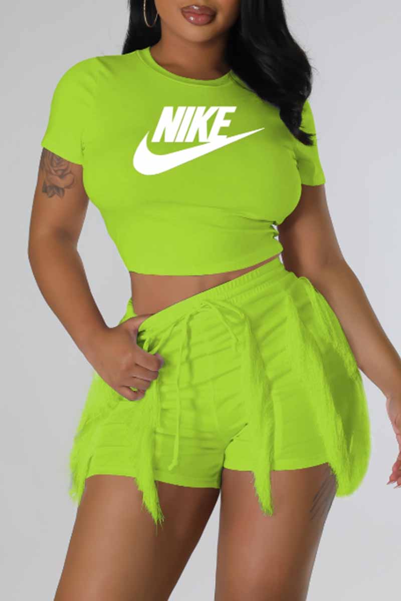 

Fluorescent Green Casual Print Tassel Letter O Neck Short Sleeve Two Pieces