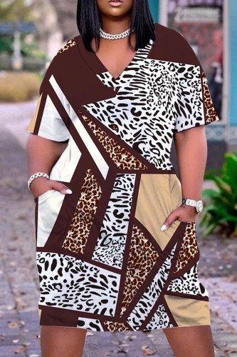 Coffee Casual Print Patchwork V Neck Short Sleeve Dress