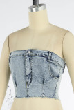 Light Blue Street Solid Patchwork Strapless Tops