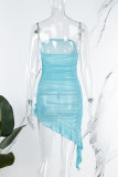 Blauwe sexy effen patchwork doorzichtige strapless onregelmatige jurkjurken