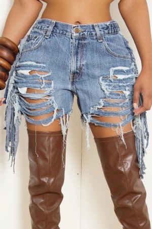 Blue Casual Solid Patchwork High Waist Regular Tassel Ripped Denim Shorts