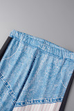 Pantalon décontracté imprimé patchwork skinny crayon taille haute imprimé bleu