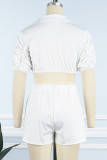 Camisa branca casual sólida patchwork dobrada gola manga curta duas peças
