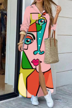 Розово-зеленое повседневное платье-рубашка с отложным воротником и пряжкой в ​​стиле пэчворк с уличным принтом Платья