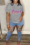 Grey Casual Letter Print Basic O Neck T-Shirts