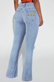 Hellblaue, lässige, solide, gestickte Patchwork-Jeans mit hoher Taille und regulärer Passform