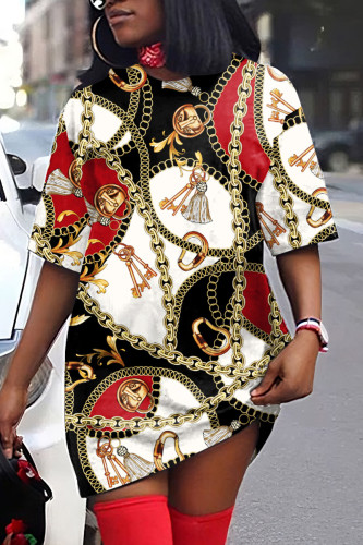 Black Red Casual Print Basic O Neck Short Sleeve Dress