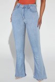 Jeans jeans regular liso azul claro bordado patchwork cintura alta