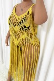 Yellow Sexy Solid Tassel Hollowed Out Swimwears Cover Up