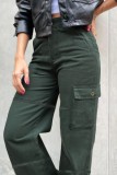 Зеленые повседневные однотонные джинсы в стиле пэчворк с высокой талией, обычные джинсовые джинсы