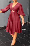 Red Casual Solid Hollowed Out V Neck A Line Dresses