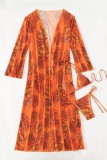 Orange Sexy Print Bandage Cardigan Swimsuit Three Piece Set (With Paddings)