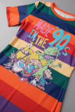 Multicolor Casual Print Basic O Neck Short Sleeve Dress