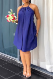Blue Sexy Casual Solid Bandage Backless Halter Sleeveless Dress Dresses