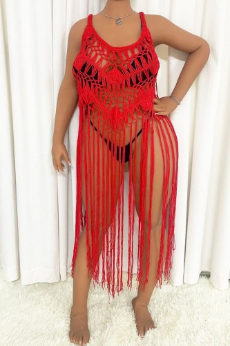 Red Sexy Solid Tassel Hollowed Out Swimwears Cover Up
