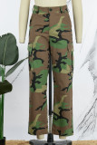 Armygrön Casual Camouflage Print Patchwork Vanlig hög midja Konventionella heltrycksbottnar