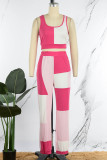 Roze casual geruite print patchwork vesten broek U-hals mouwloos twee stukken