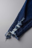Diepblauwe casual effen gescheurde patchwork skinny jeans met hoge taille