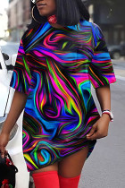 Multicolor Casual Print Basic O-hals kortärmad klänning