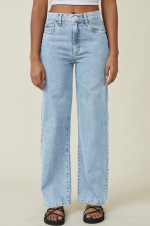 Light Blue Casual Butterfly Print Patchwork High Waist Regular Wide Leg Denim Jeans