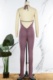 Purple Sexy Solid Backless Halter Skinny Jumpsuits