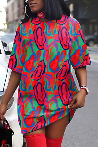 Rose Red Casual Print Basic O Neck T-shirt Dress Short Sleeve Dress
