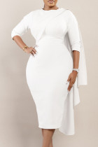 Белые элегантные однотонные платья-юбки в стиле пэчворк с воланами и круглым вырезом