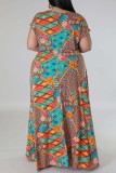 Vestido estampado casual multicolorido com decote em V manga curta vestidos tamanho grande