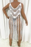White Sexy Solid Tassel Hollowed Out Swimwears Cover Up