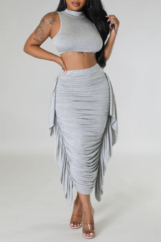 Grey Sexy Solid Patchwork Flounce Fold O Neck Sleeveless Two Pieces