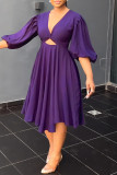 Purple Casual Solid Hollowed Out V Neck A Line Dresses