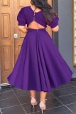 Пурпурное повседневное однотонное платье в стиле пэчворк с круглым вырезом и коротким рукавом Платья